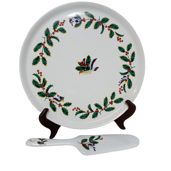 Vintage Christmas Cake Plate Server Set Platter Tray Holiday Decor Holly Berries - Picture 1 of 10